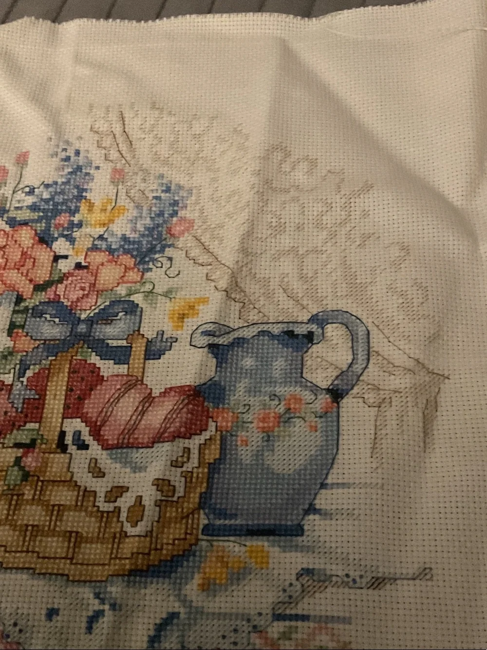 Hand-Embroidered Floral Still Life Cross-Stitch - Pink and Blue